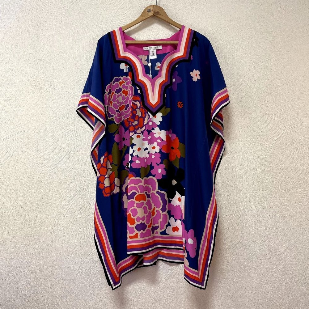 Trina Turk 100% Silk Pink & Blue Swim Tunic Cover Lounge Dress sz M/L- like New